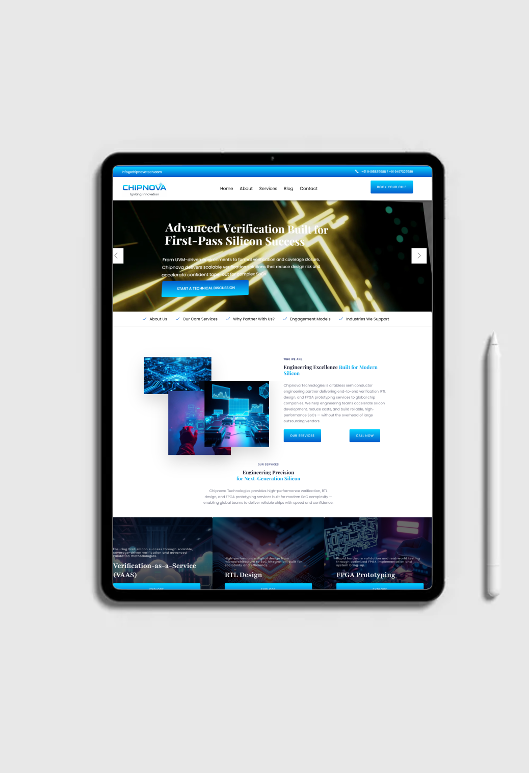 Chipnova — semiconductor engineering website design, shown on a tablet mockup.