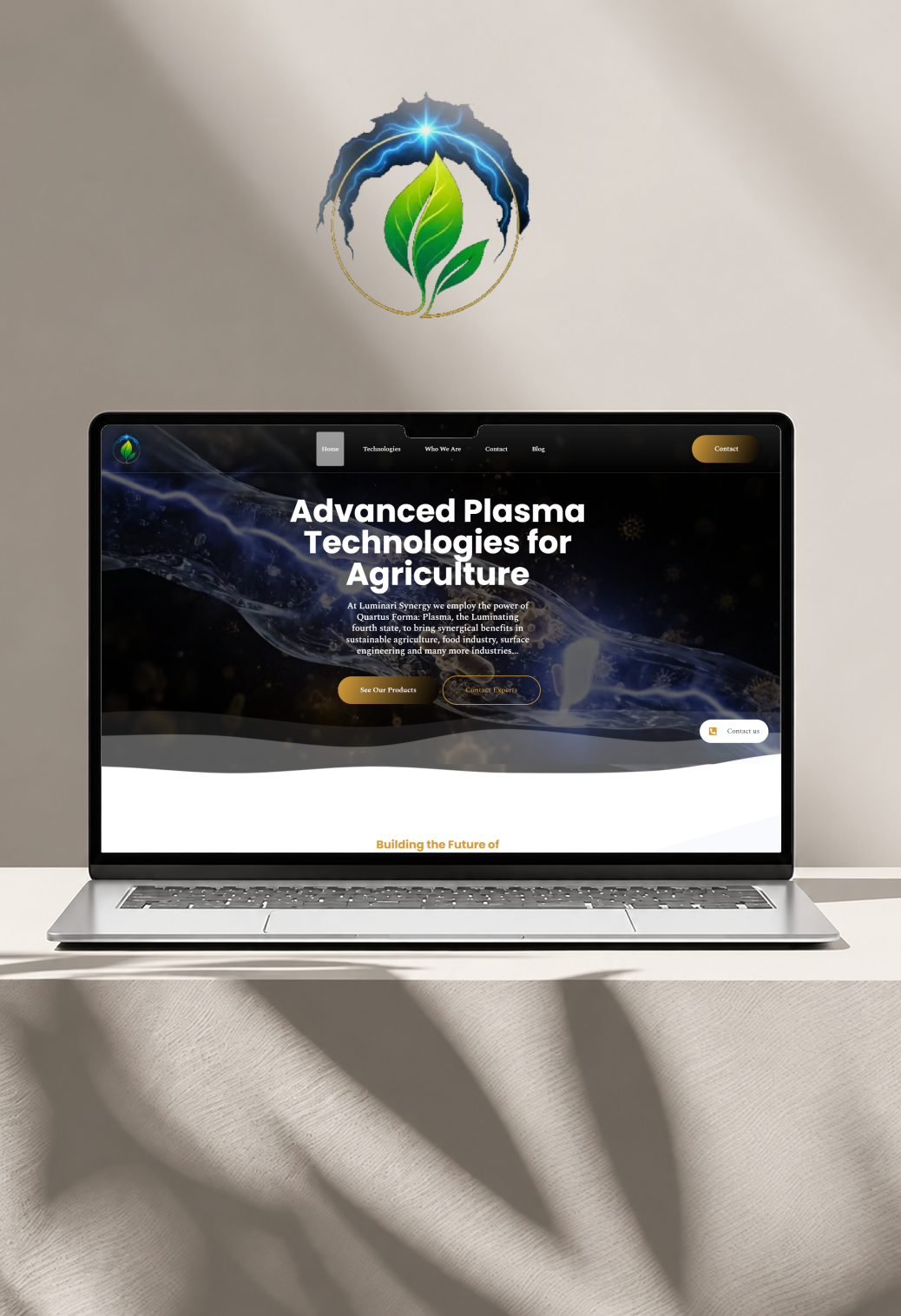 Luminari Synergy — plasma agriculture technology website design, shown on a laptop mockup.