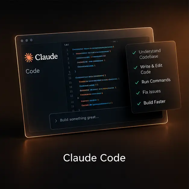Code editor mockup illustrating Claude Code assisting with writing and fixing code.