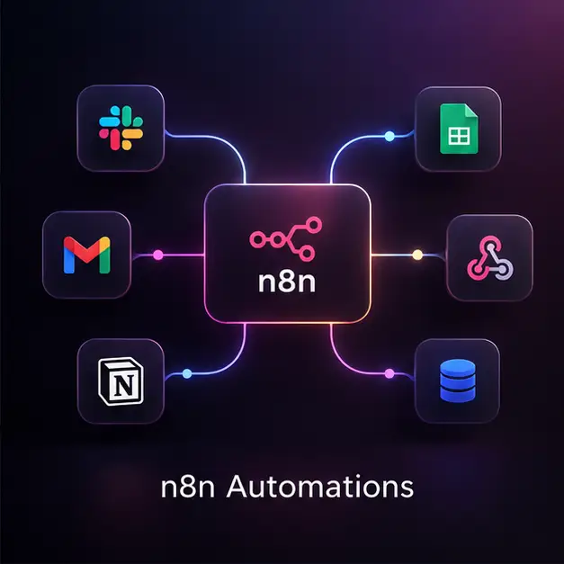 Diagram of n8n automation connecting Slack, Gmail, Notion, Sheets and other apps.