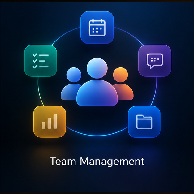 Illustration of a team surrounded by icons for calendar, messaging, files and reporting.