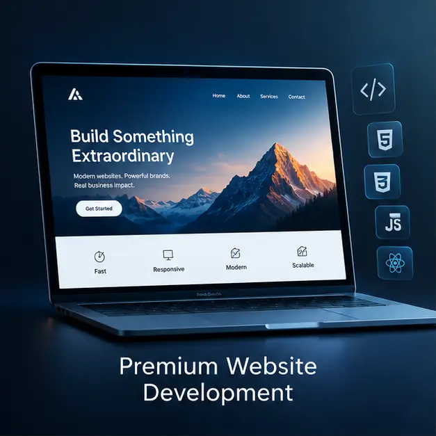 Laptop mockup showing a modern website homepage labelled Premium Website Development.